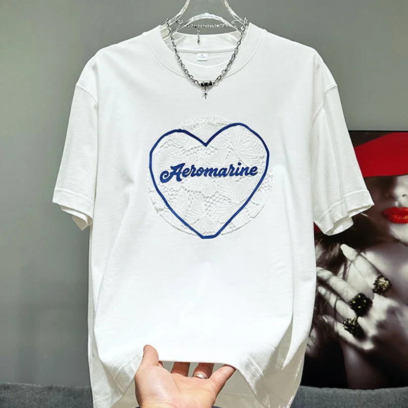 PFHQ Short Sleeve Male Tops Summer Embroidered Love Letter Round Neck Versatile Comfortable Breathable Men's T-shirt New 21Z4667