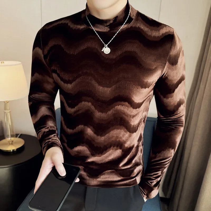 PFHQ Wave Patterned Pleuche Long Sleeved Men's T-shirt Slim Niche Design Mock Neck Solid Color Slim Male Clothing 2025 21Z9024