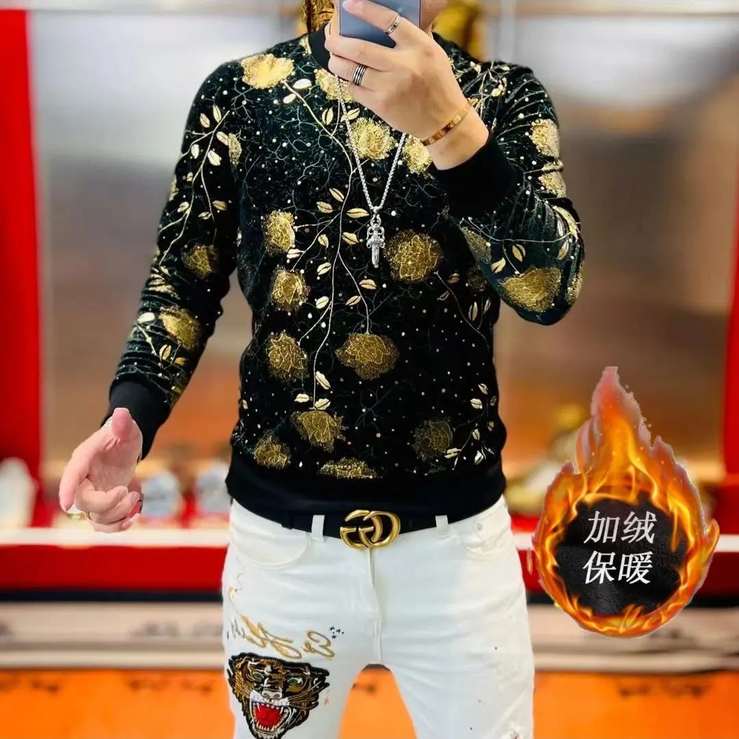 New Autumn Winter Men Long Sleeved Hoodie with Golden Branches and Jade Leaves Pattern Fashionable and Versatile with Velvet Top