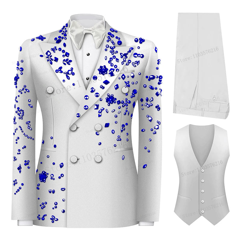 Luxury 3 Pieces Men's Suits Jewel Decoraction Jacket Vest Pants Suit for Party Prom Wedding Groom