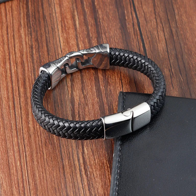 Vintage Genuine Leather Rope Bangle Man'S Stainless-Steel Silver Bracelet Luxury Men'S Accessories Wholesale