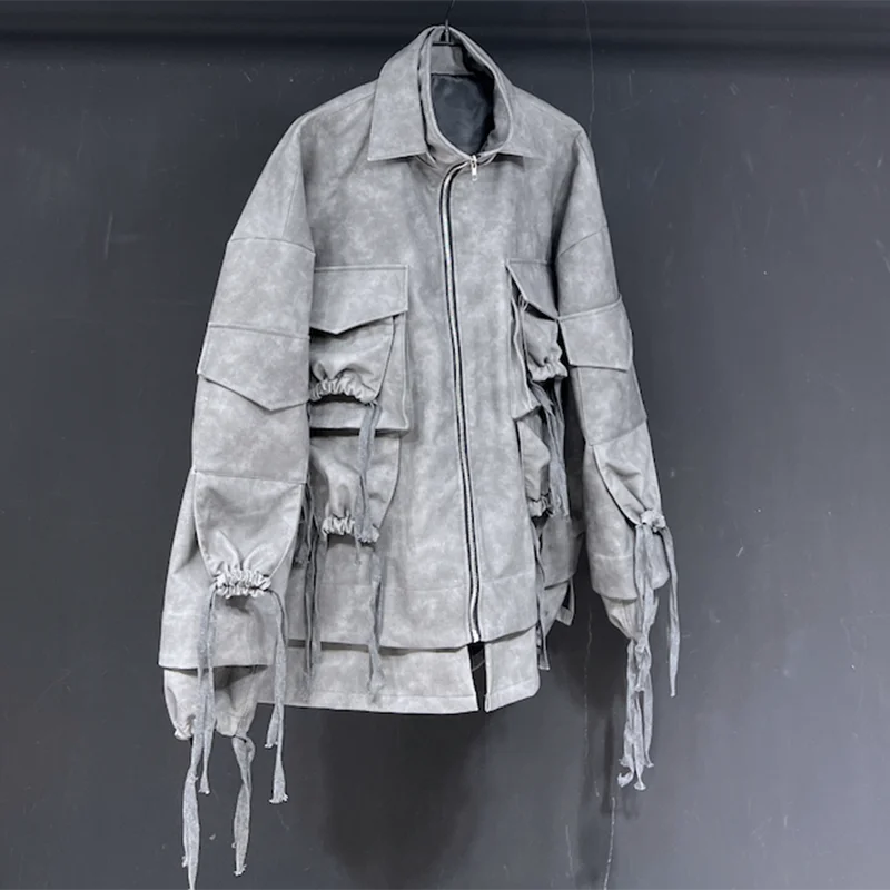 PFHQ Men's Loose American Motorcycle Zippers Jackets Handsome PU String Design Personality Stand Collar Tide Coat Autumn 21Z4257