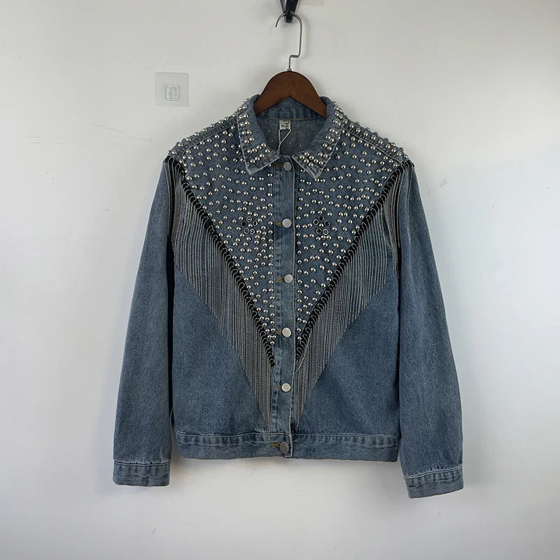 PFHQ Men's Denim Coat Short Heavy Industry Bead Tassel Korean Stage Performance Handsome Delicacy Popular Jackets Spring 21Z3714