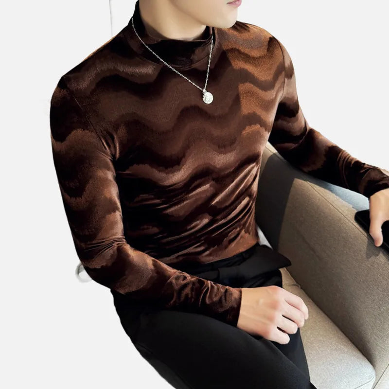 PFHQ Wave Patterned Pleuche Long Sleeved Men's T-shirt Slim Niche Design Mock Neck Solid Color Slim Male Clothing 2025 21Z9024