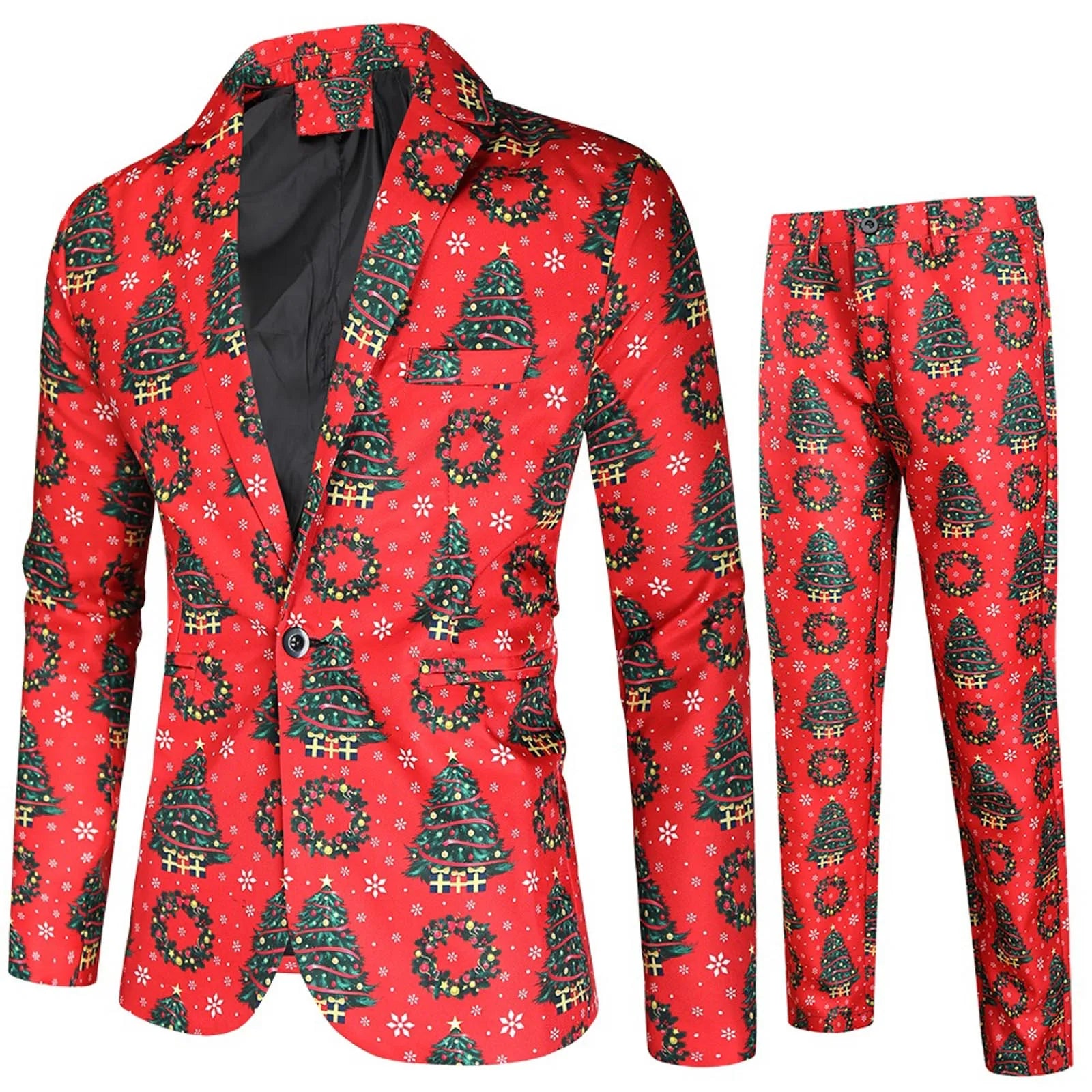 Men Jacket Pants Suit  Business Casual Cartoon Santa Snowflake Print Blazers Set Men New Year Party Coat Long Trousers Sets