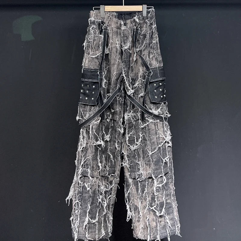 PFHQ Men's Heavy Industry Mud Dyed Rivet Jeans Spliced Straight Long Stacked Micro Flared Wide Leg Handsome Denim Pants 21Z2243
