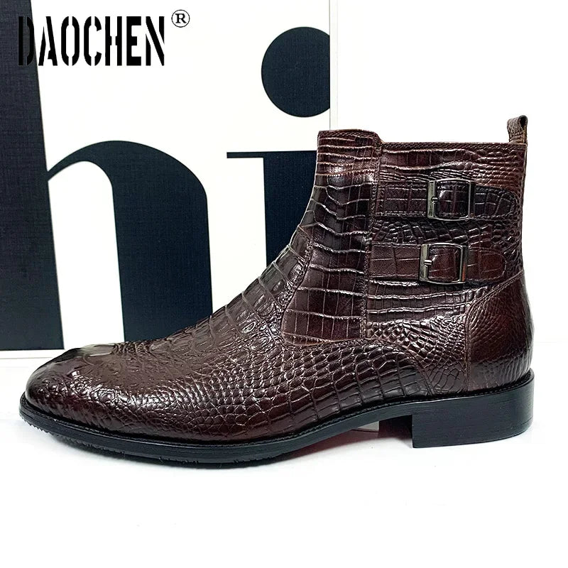 Luxury Men Ankle Boots Shoes Black Brown Crocodile Printed Zipper Chelsea Double Buckle Genuine Leather Dress Men Boots