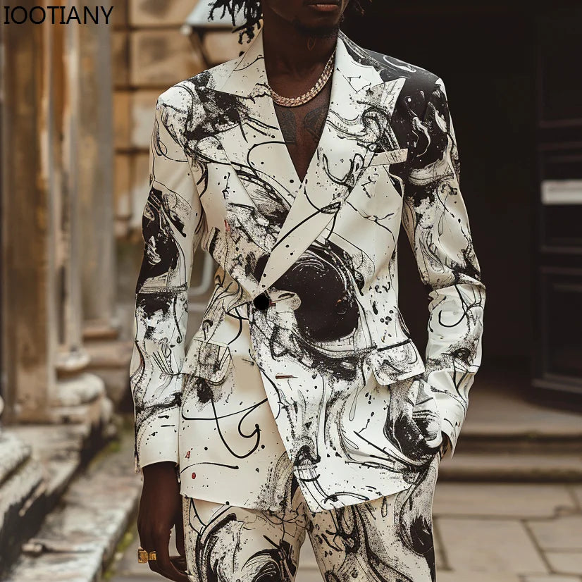 Men's Colorful Painting Suit British Men's Suit Jackets And Pants Nightclub Stage Cool Performance Suits Wedding Banquet Suits