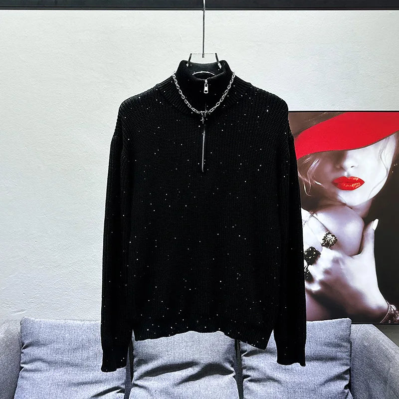 PFHQ Half High Collar Design Sequin Sweater For Men's Spring Fashion Loose Casual Solid Color Comfortable Knitted Tops 21Z4173