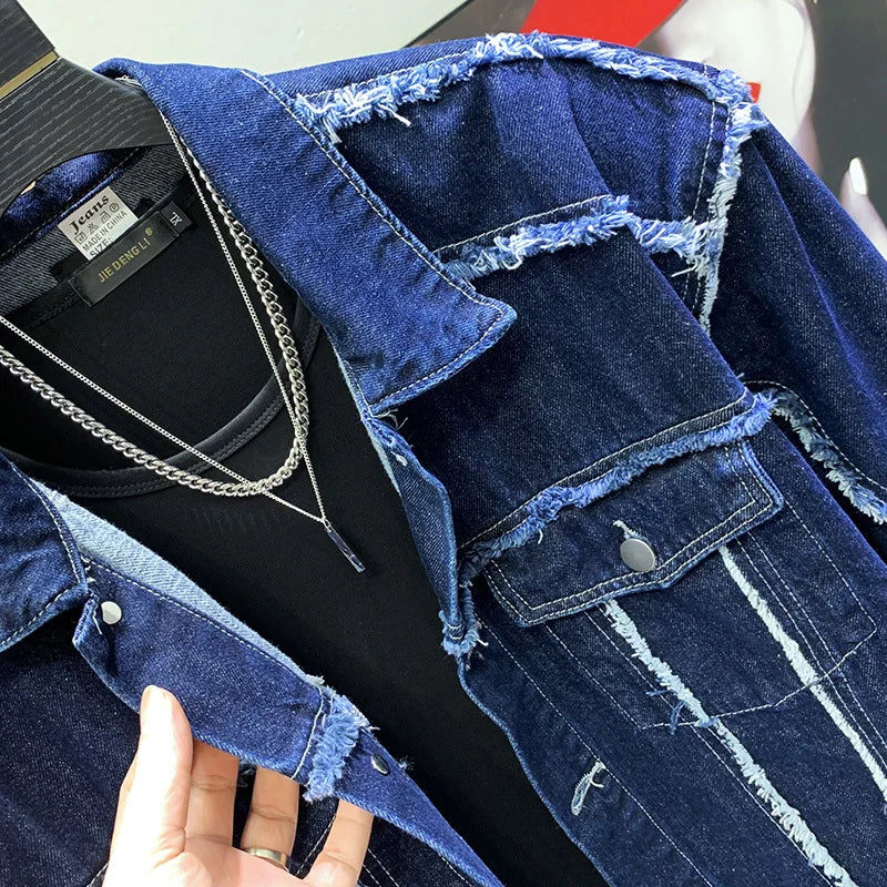 PFHQ 2023 Trendy Elegant Design Fur Edge Shoulder Pad Long Sleeve Denim Jacket Splicing Men's Spring Casual Short Coat Stylish