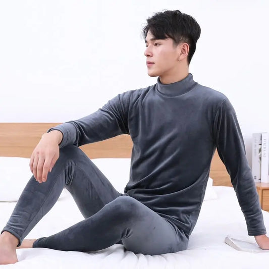 Golden Velvet Thermal Underwear Suit Men's Plush Thickened High Collar Winter Bottoming Thermal Underwear