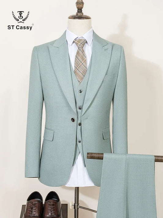 ST Cassy High Quality Men's suits Summer thin Green  Slim Fit Formal Business Office Men's clothing（jacket+Vest+Pants）