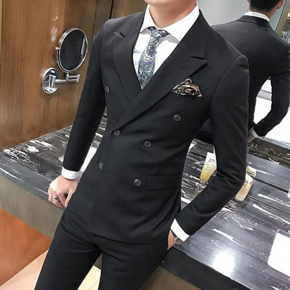 Classic Style Black Men's 2 Pieces Formal Wedding Business Suits Double Breasted Peak Lapel Jacket Trousers Fashion Men Suits