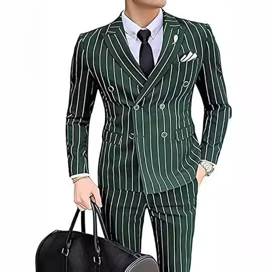 Grey Striped Mens Suits Double Breasted for Wedding Custom Made for Man Costume Groom 2-Pieces Tuxedos Best Man Blazer Pants