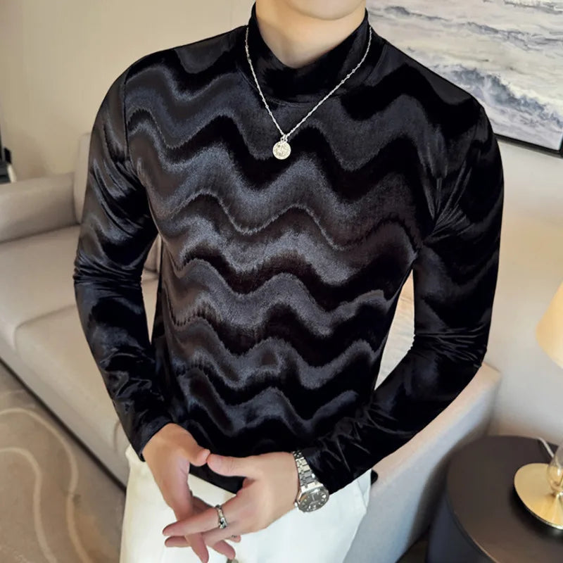 PFHQ Wave Patterned Pleuche Long Sleeved Men's T-shirt Slim Niche Design Mock Neck Solid Color Slim Male Clothing 2025 21Z9024