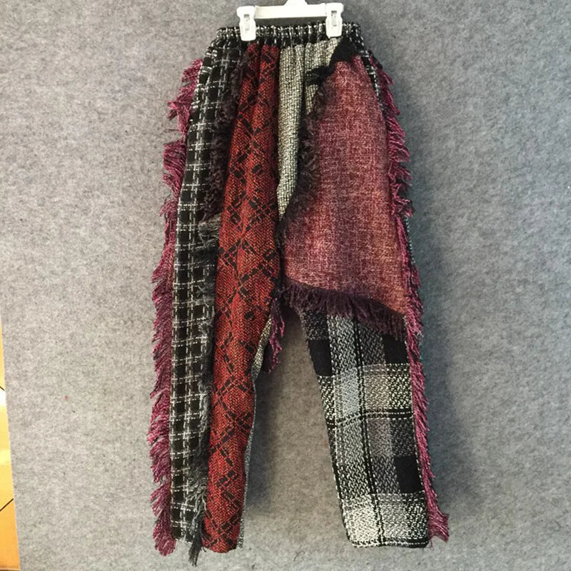 PFHQ Niche Design Tweed Wornout Tassel Plaid Patchwork Men's Casual Pants Stylish High Quality Personality Tide Trousers 21F1945