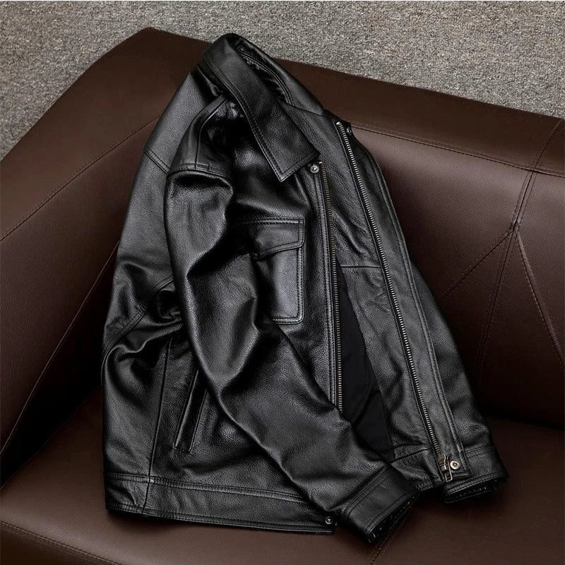 Fashionable New Leather Jacket Men Lapel Leather Jacket Autumn Winter Solid Color Trendy Loose Leather Jacket