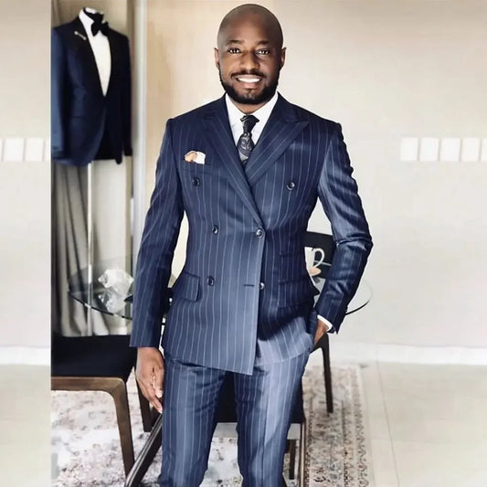 New Arrival Striped Male Suit Blue Formal Casual Wedding Tuxedo 2 Piece Business Peak Lapel Double Breasted Blazer with Pants