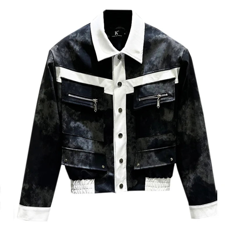 PFHQ Winter New Trendy Brand Short PU Jacket Men's Personalized Design Splicing Color Contrast Warm Short Leather Jacket
