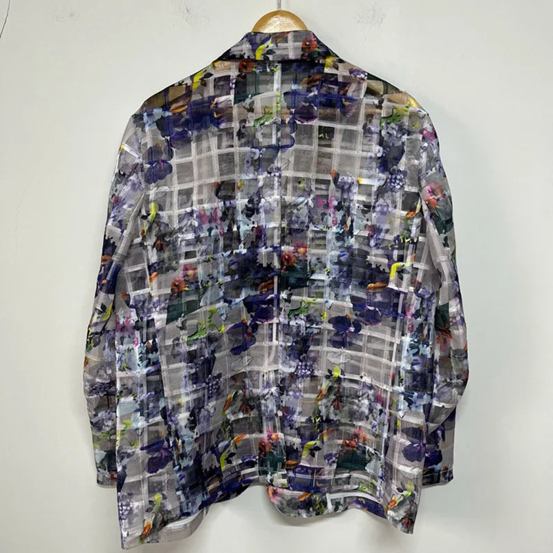 PFHQ Men's Ink Wash Plaid Embroidery Suit Jackets Perspective Summer Print Sun Protection Clothing Layered Design Blazer 21Z4411