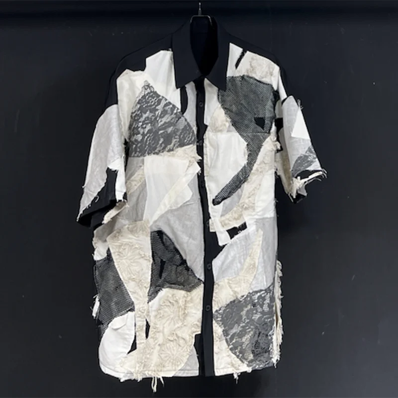 PFHQ Men's Splicing Patch Vintage Shirts Loose Short Sleeved Popular Single Breasted Sports Male Breathable Tops Summer 21Z5027