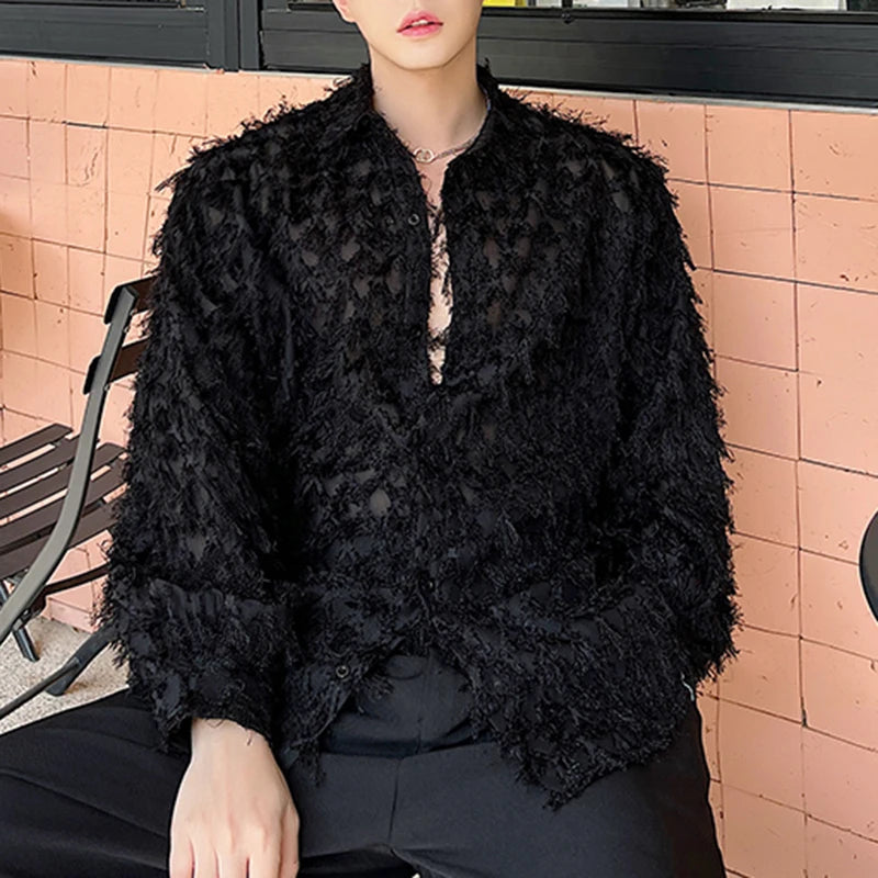 PFHQ Men's Korean Style Long Sleeved Shirts Handmade Three-dimensional Feather Creativity Solid Color Mesh Tops Summer 21Z4224