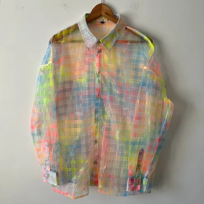 PFHQ Autumn Men's Rainbow Colorful Plaid Perspective Shirts Glass Yarn Organza Loose Fashion Personality Breathable Tops 21Z1976