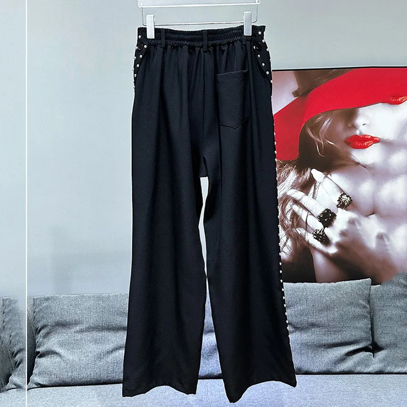 PFHQ Autumn New Loose Versatile Metal Nail Decoration Ribbon Design High Street Straight Leg Casual Pants Solid Color