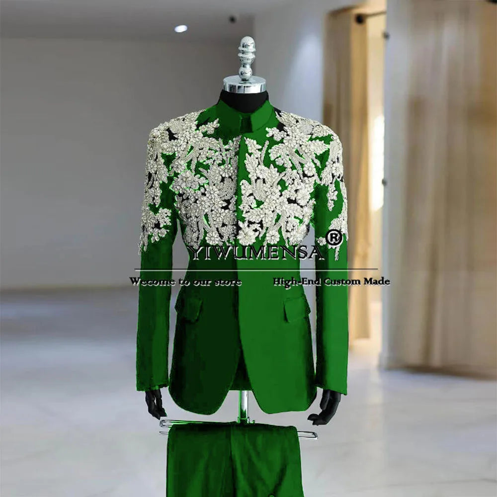 Man Luxury Groom Tuxedo Sliver Crystals Diamond Appliques Suits Men For Wedding Bespoke Stand Collar Jacket Pants 2-Piece Sets