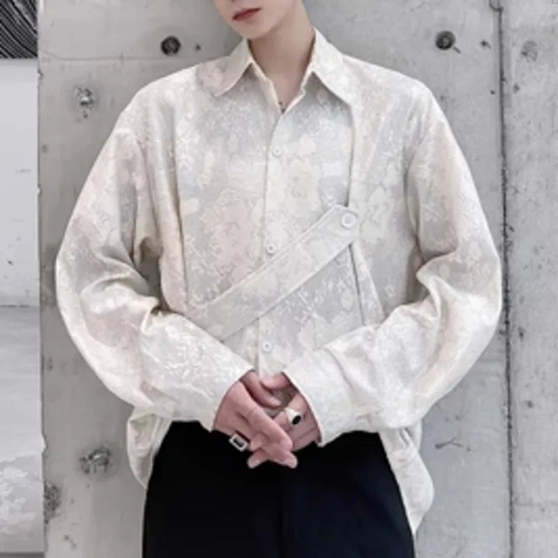 PFHQ Autumn Men's Darkwear Lace Embroidery Shirts Loose Fashionable Long Sleeved High Street Print Light Luxury Ins Tops 21Z1198