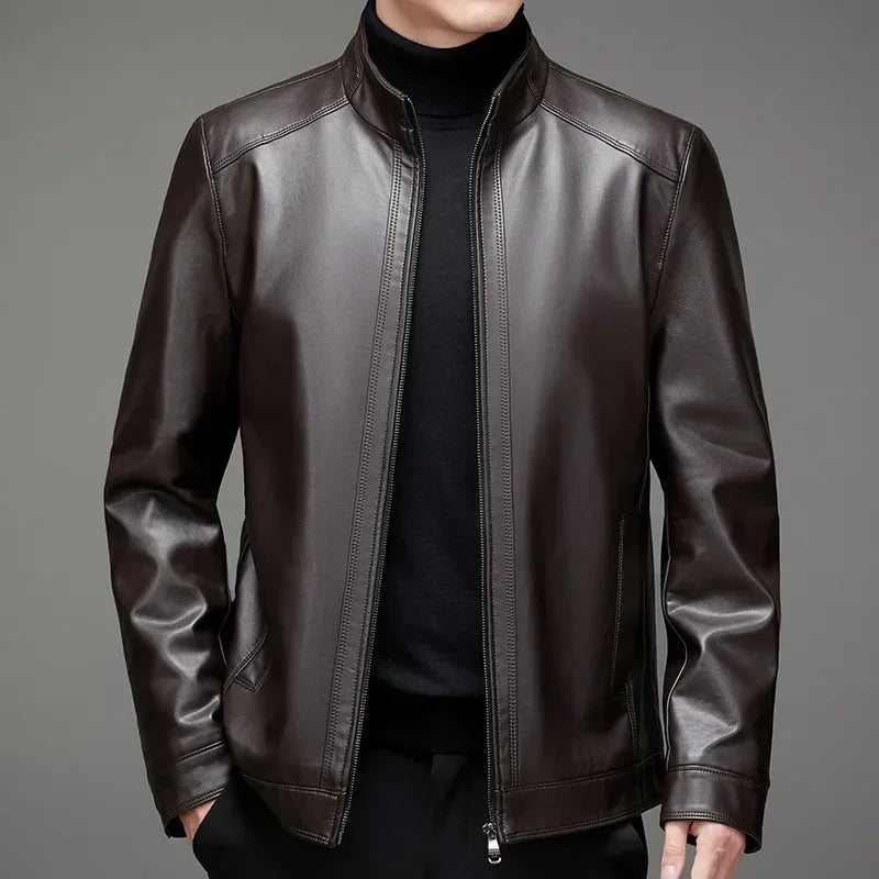 New Oversized Men's Autumn and Winter Thick Leather Jacket Loose Standing Collar Middle-aged Jacket