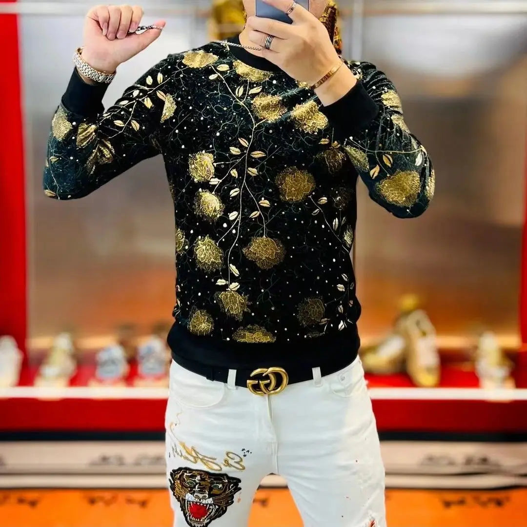 New Autumn Winter Men Long Sleeved Hoodie with Golden Branches and Jade Leaves Pattern Fashionable and Versatile with Velvet Top