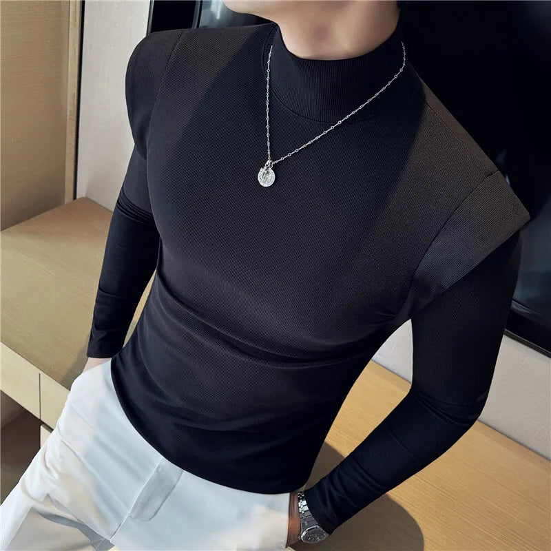 PFHQ Korean Style Men's Tees Mock Neck Fake Two-piece Solid Color Slim Tops Long Sleeve Casual Male T-shirts New Simple 21Z9027