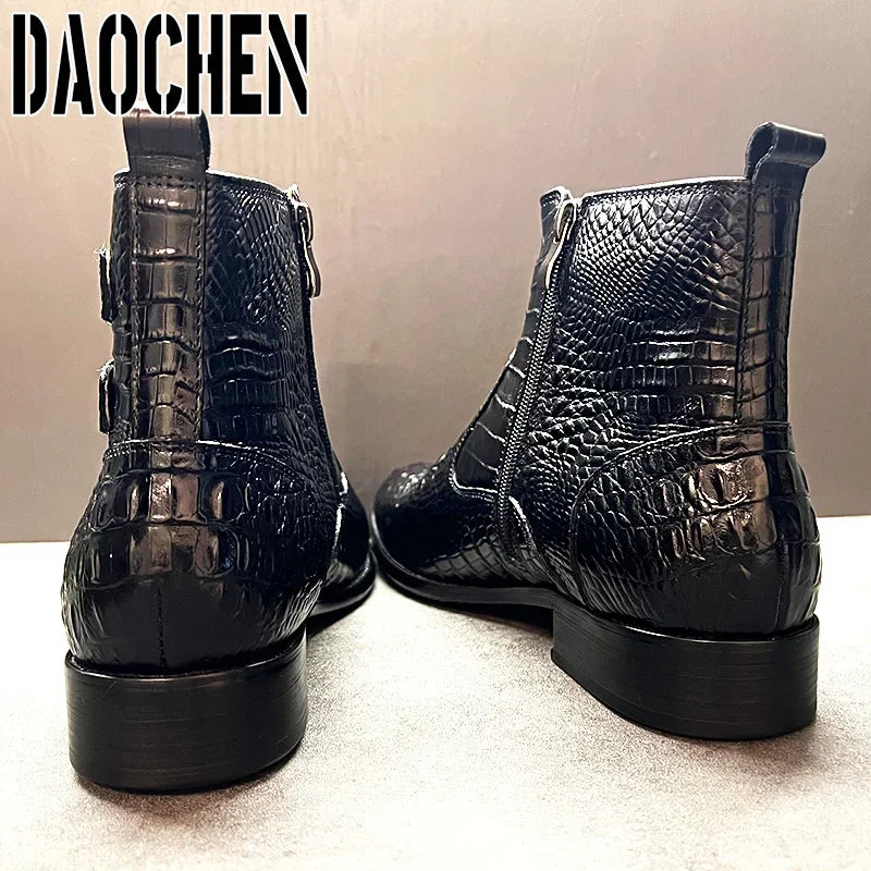 Luxury Men Ankle Boots Shoes Black Brown Crocodile Printed Zipper Chelsea Double Buckle Genuine Leather Dress Men Boots