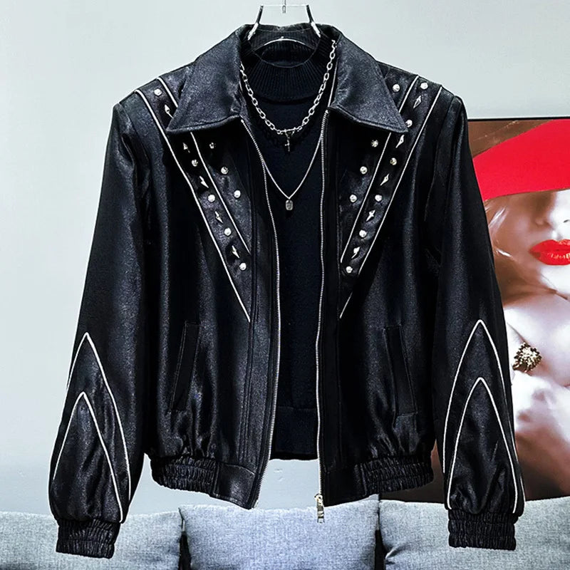 PFHQ Men's Short Jacket Rivets Shoulder Pad Design Trendy Darkwear Turn-down Collar 2024 PU Leather Male Tops 21Z3673