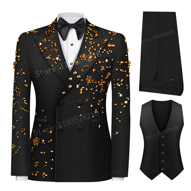 Luxury 3 Pieces Men's Suits Jewel Decoraction Jacket Vest Pants Suit for Party Prom Wedding Groom