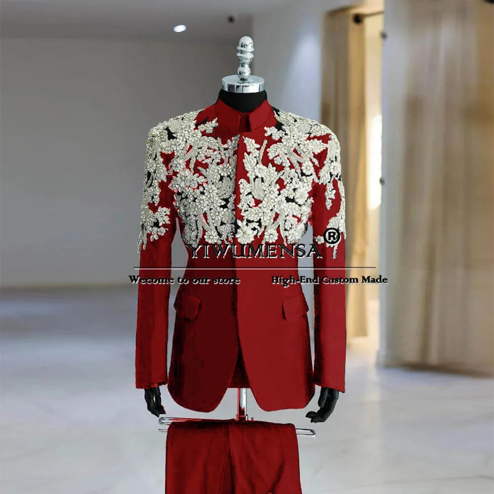 Man Luxury Groom Tuxedo Sliver Crystals Diamond Appliques Suits Men For Wedding Bespoke Stand Collar Jacket Pants 2-Piece Sets