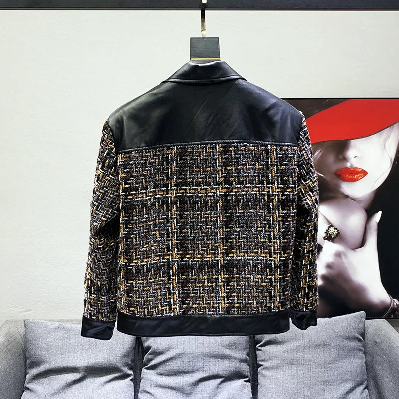 PFHQ 2023 New Patchwork Leather Jackets For Men Long Sleeve Turn-down Collar Contrast Color Coat Men's Summer Fashion 21F3421