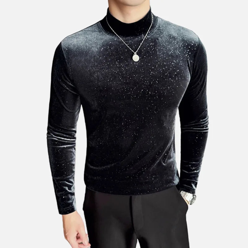 PFHQ Fashionable Starry Sky Long Sleeved T-shirts Mock Neck Pleuche Solid Color Male Tops Slim Casual Menswear Clothing 21Z9021