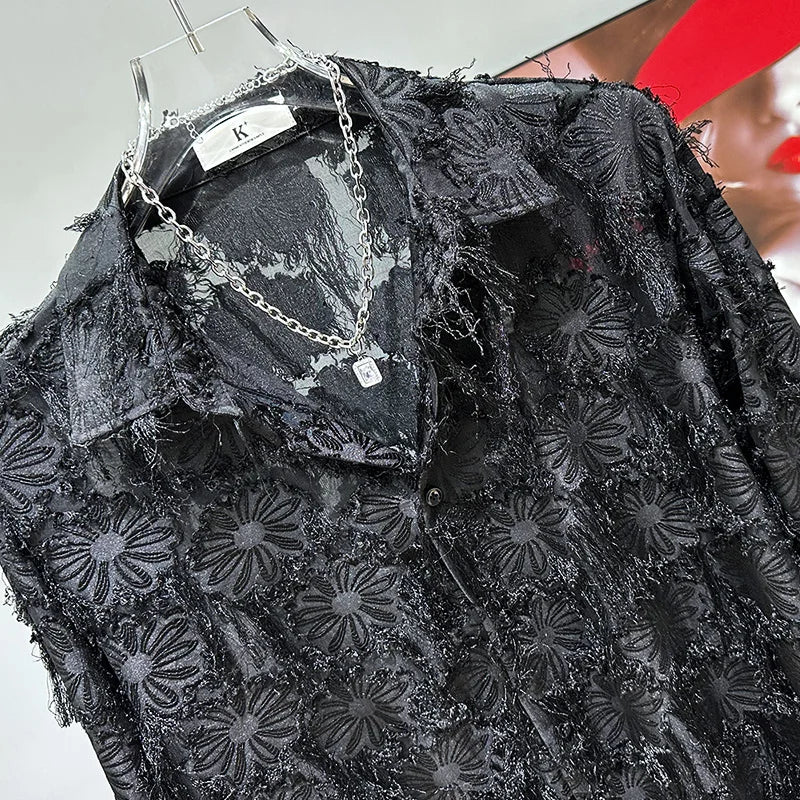 PFHQ New Summer Tassels Hollowed Out Male Shirts Tide Mesh Jacquard Thin Transparent Loose Creativity Men's Youth Tops 21Z4336