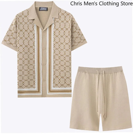 【 Quick Delivery】Summer Men's High-quality Jacquard Knitted Suit, Business Casual Luxury Short-sleeved Shirt and Shorts Set