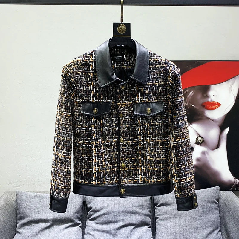 PFHQ 2023 New Patchwork Leather Jackets For Men Long Sleeve Turn-down Collar Contrast Color Coat Men's Summer Fashion 21F3421