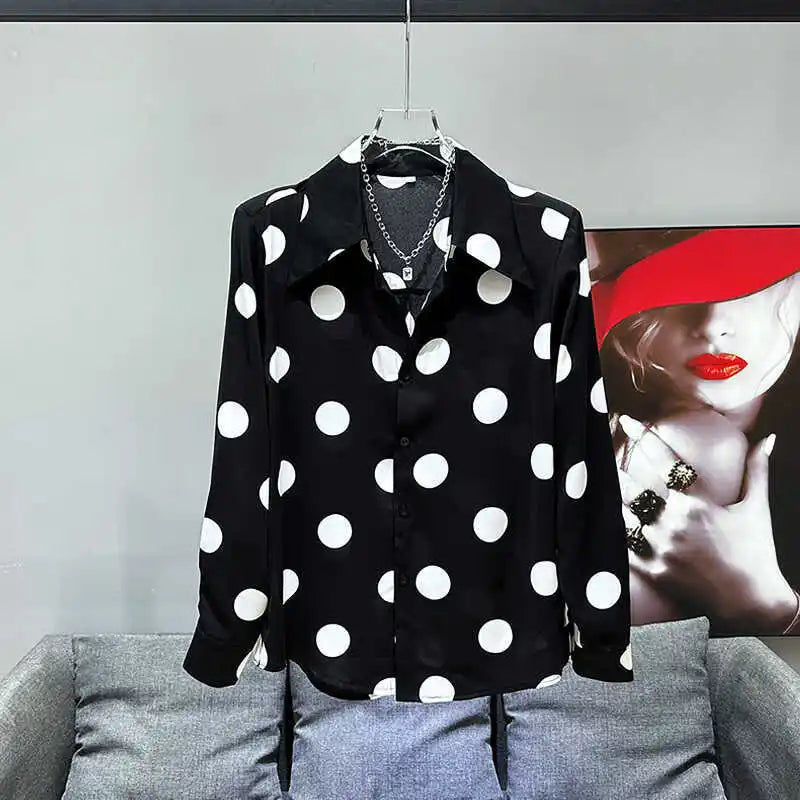 PFHQ Men's Polka Dot Printed Shirts Summer Thin Long Sleeved Design Niche Chiffon Single Breasted Comfortable Tops Male 21Z4323