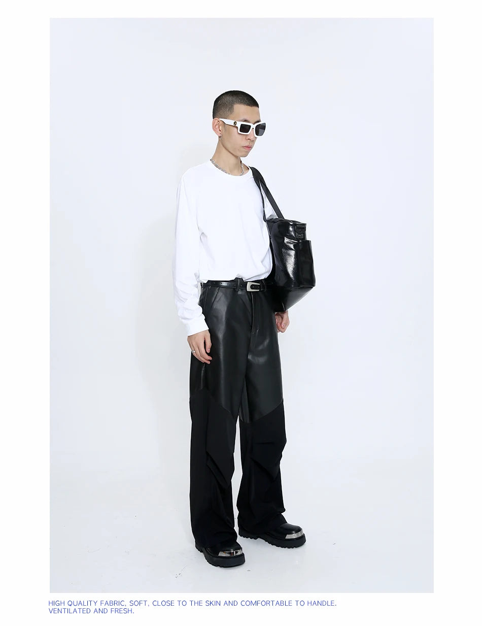 27-46 New 2024 Men Clothing Yoshi Yamamoto Style Stitching Leather Patchwork Casual Pants Trousers Lovers Plus Size Costumes