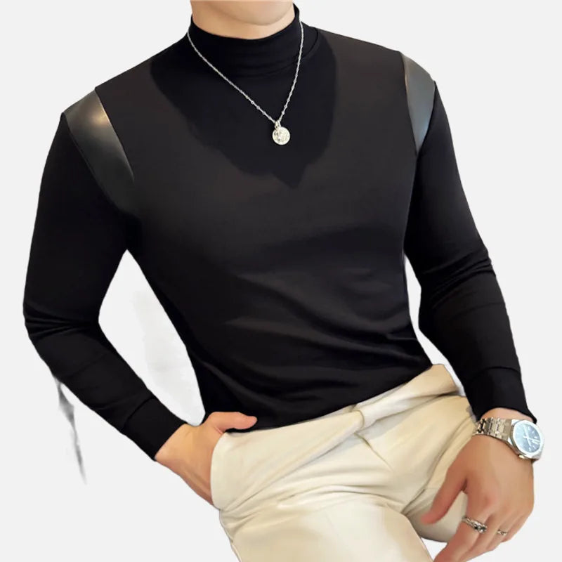 PFHQ Fashion Men's Tops Pullover PU Leather Solid Color Slim Mock Neck T-shirts Slim Long Sleeve Casual Male Tees Spring 21Z9025