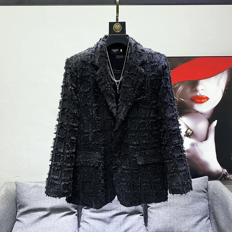 PFHQ Solid Color Long Sleeve Tassels Plaid Causal Blazers For Men Loose Single Button Men's Coat 2023 Summer New Tide 21F3442