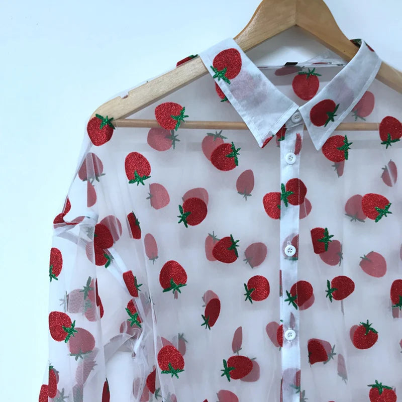 PFHQ Summer Strawberries Printed Shirts Men's See-through Designer Loose Sunscreen Clothing Elegant Original Sexy Tops 21F1885