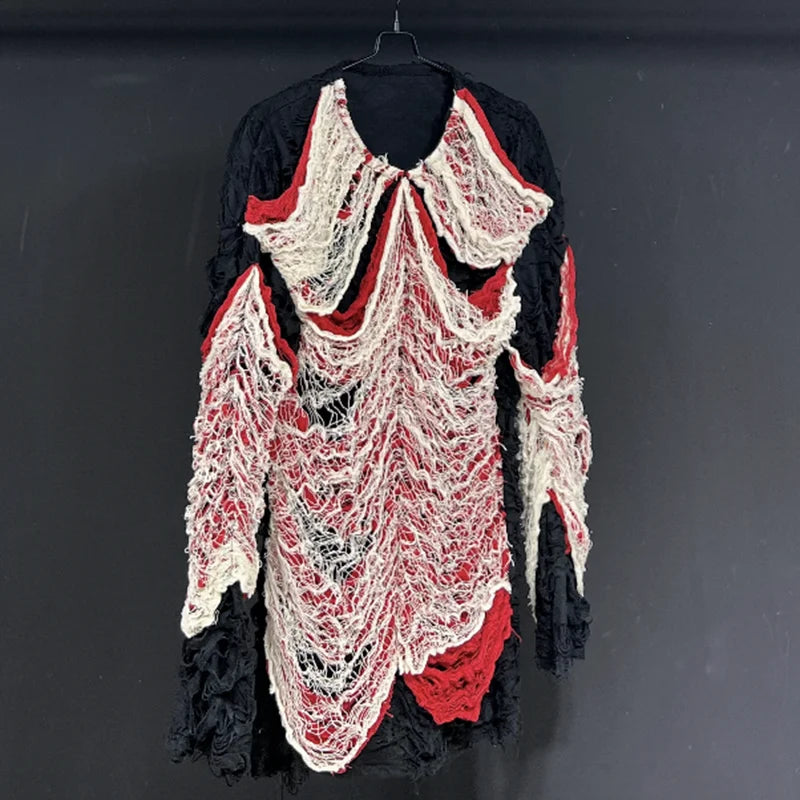 PFHQ Autumn Men's Perforated Gothic T-shirt Vintage Niche Design Fitting Long Sleeved Patchwork Worn Out Motorcycle Tops 21Z1137