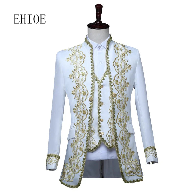 Ehioe Men 3-Piece Suit Medieval Embroidered Jacket Vest Pants Royal Court Men's Wedding Suit European Retro Court Dress Costumes