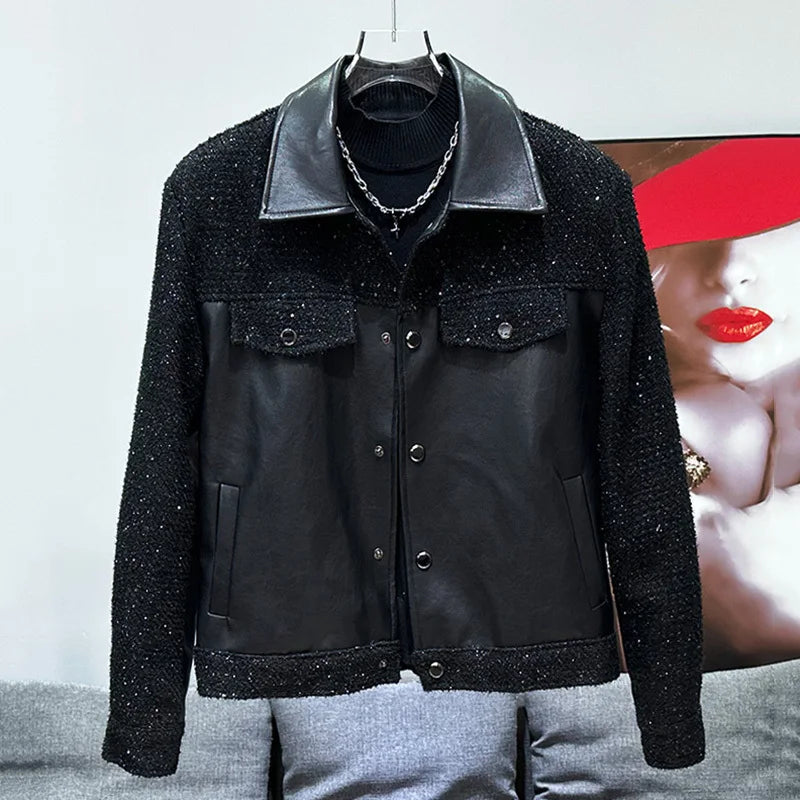 PFHQ 2024 Autumn Korean Fashion Men Jacket New Turn-down Collar Patchwork Long Sleeve Male Tops New Casual 21Z6685